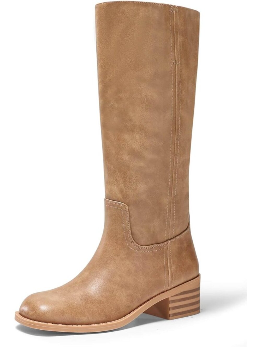 Women's Light Brown Square Toe Chunky Low Block Heel Comfortable Knee High Boots